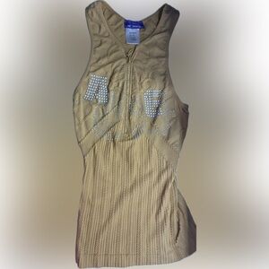 BB Jeans Women's Tan Sleeveless Zip-Front Knit Tank with Rhinestone Detail